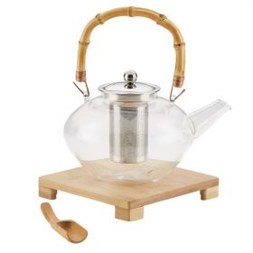 k1 Quart Glass Teapot Kettle with Stainless Steel Tea Infuser and Bamboo Handle