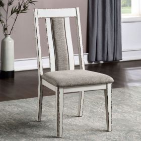 Classic Weathered White / Warm Gray Set of 2 Side Chairs Fabric Unique Back Solid wood Chair Upholstered Seat Kitchen Rustic Dining Room Furnitur