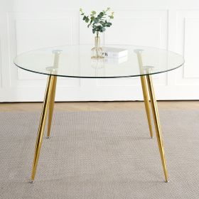 Modern simple glass table, high-quality tempered glass metal material, gold-plated table legs, suitable for restaurant kitchen (set of 1)
