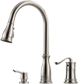 3 Hole Pull Down Kitchen Faucet with Pull Down Sprayer Stainless Steel Brushed Nickel