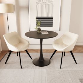 31.5 " walnut color MDF round dining table, tulip dining table, and 2 artificial leather decorative chairs with black metal legs (Color: Black+Beige)