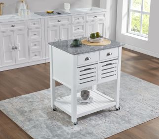 Mobile Rolling Kitchen Island Trolley Serving Cart with Underneath Drawer & Slide-Out Wire Storage Basket (Main Material: Wood, Main Color: White)
