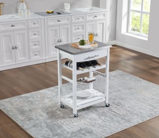 Mobile Rolling Kitchen Island Trolley Serving Cart with Underneath Drawer & Slide-Out Wire Storage Basket (Main Material: Wood + Stainless Steel, Main Color: White)