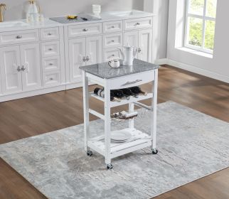 Mobile Rolling Kitchen Island Trolley Serving Cart with Underneath Drawer & Slide-Out Wire Storage Basket (Main Material: Marble+Metal, Main Color: White)