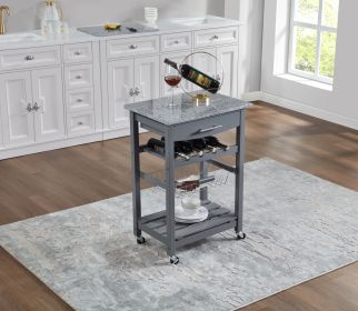 Mobile Rolling Kitchen Island Trolley Serving Cart with Underneath Drawer & Slide-Out Wire Storage Basket (Main Material: Marble+Metal, Main Color: Grey)