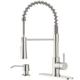 Kitchen Faucet with Soap Dispenser, SUS304 Pull Down Kitchen Faucet Commercial Single Handle High Arc Faucet for Kitchen Sink (Color: Brushed Nickel)